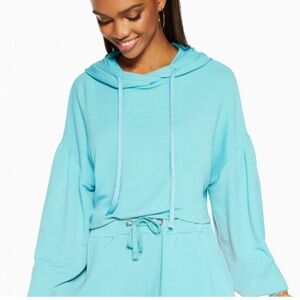 Ramy Brook Tatum Hoodie Puff Sleeve Hooded Cropped Sweatshirt Turquoise Medium M